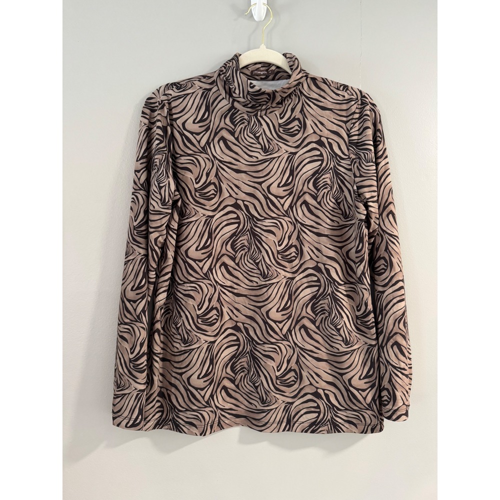 J McLaughlin Mock‎ Neck Top Medium Brown Black Zebra Print Stretch Blouse